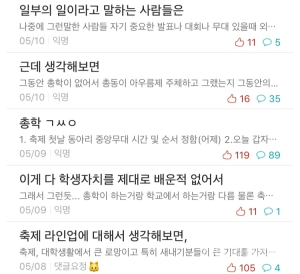 본교 익명 SNS 에브리타임에 언급된 축제논란.